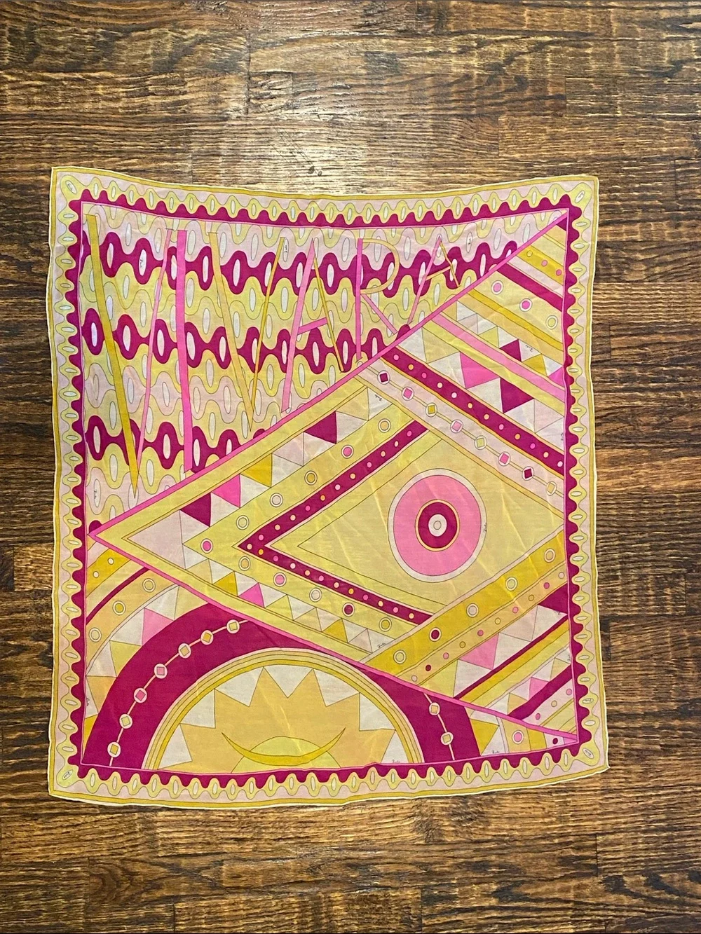 Vintage Mid Century Emilio Pucci Geometric Pink & Yellow Large Silk Scarf